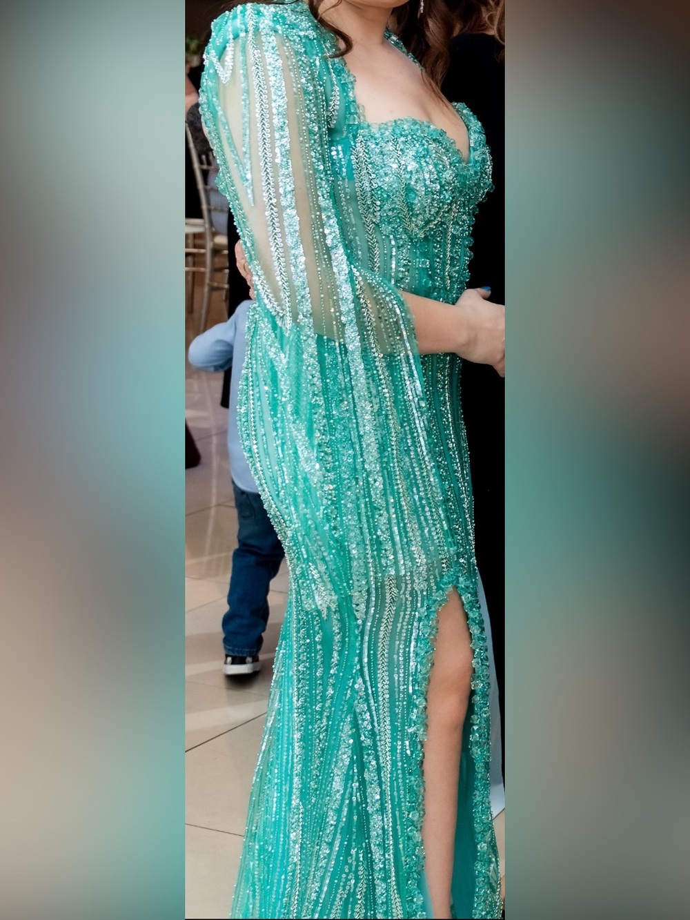 Embellished Teal Sequin Evening Gown with Slit